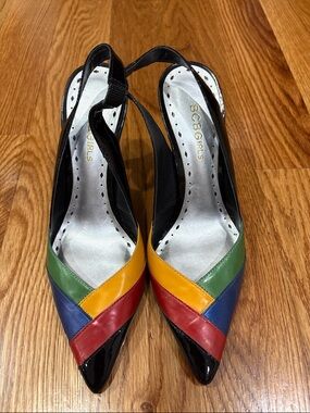 BCBGirls Black Patent colorblock Pointed Slingback comfortable Heels vintage 7